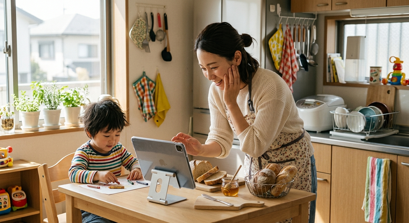 タブレットでアーカイブ動画を見ながら子どもと一緒にパンを楽しむ母親