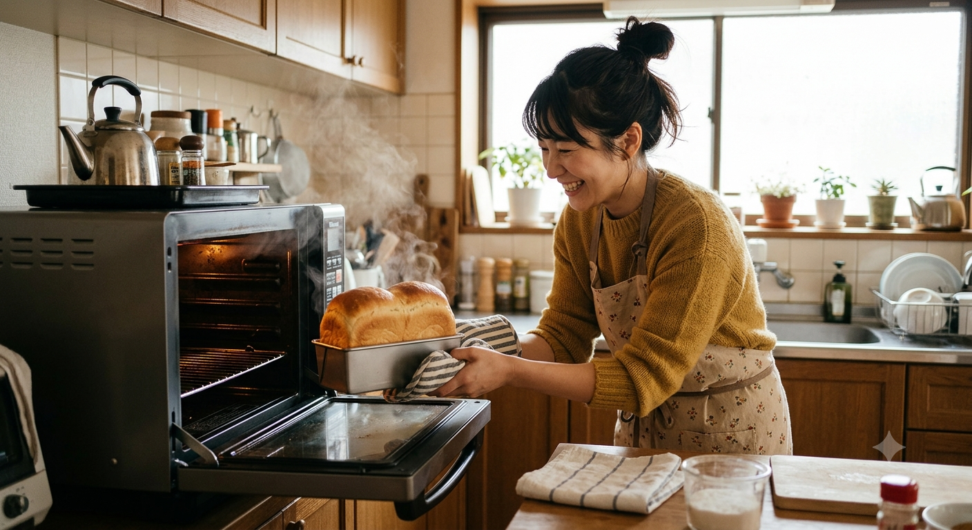 家庭用オーブンから焼きたてのパンを取り出す女性